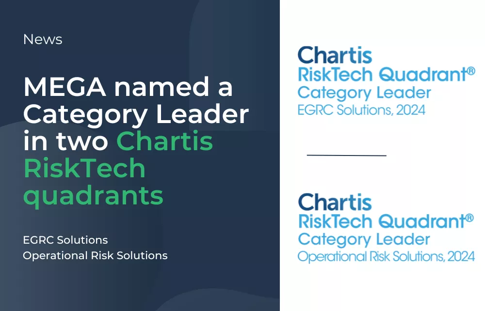 Text and 2 logos : MEGA named a category leader in two Chartis RiskTech quadrants